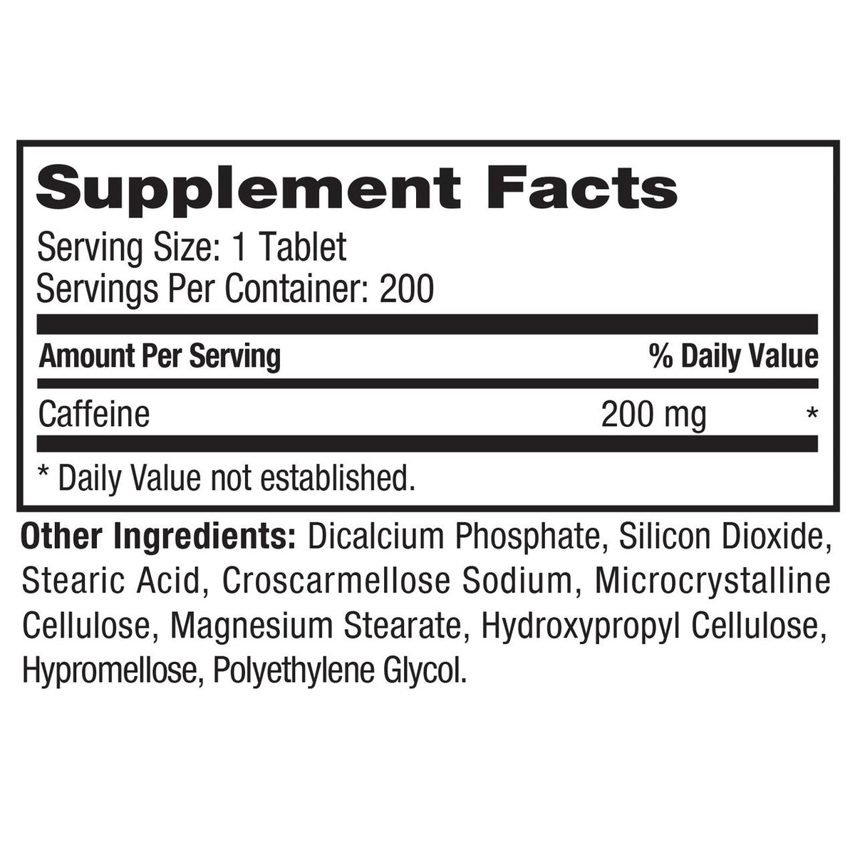 Supplement facts label with caffeine content and other ingredients on a white background