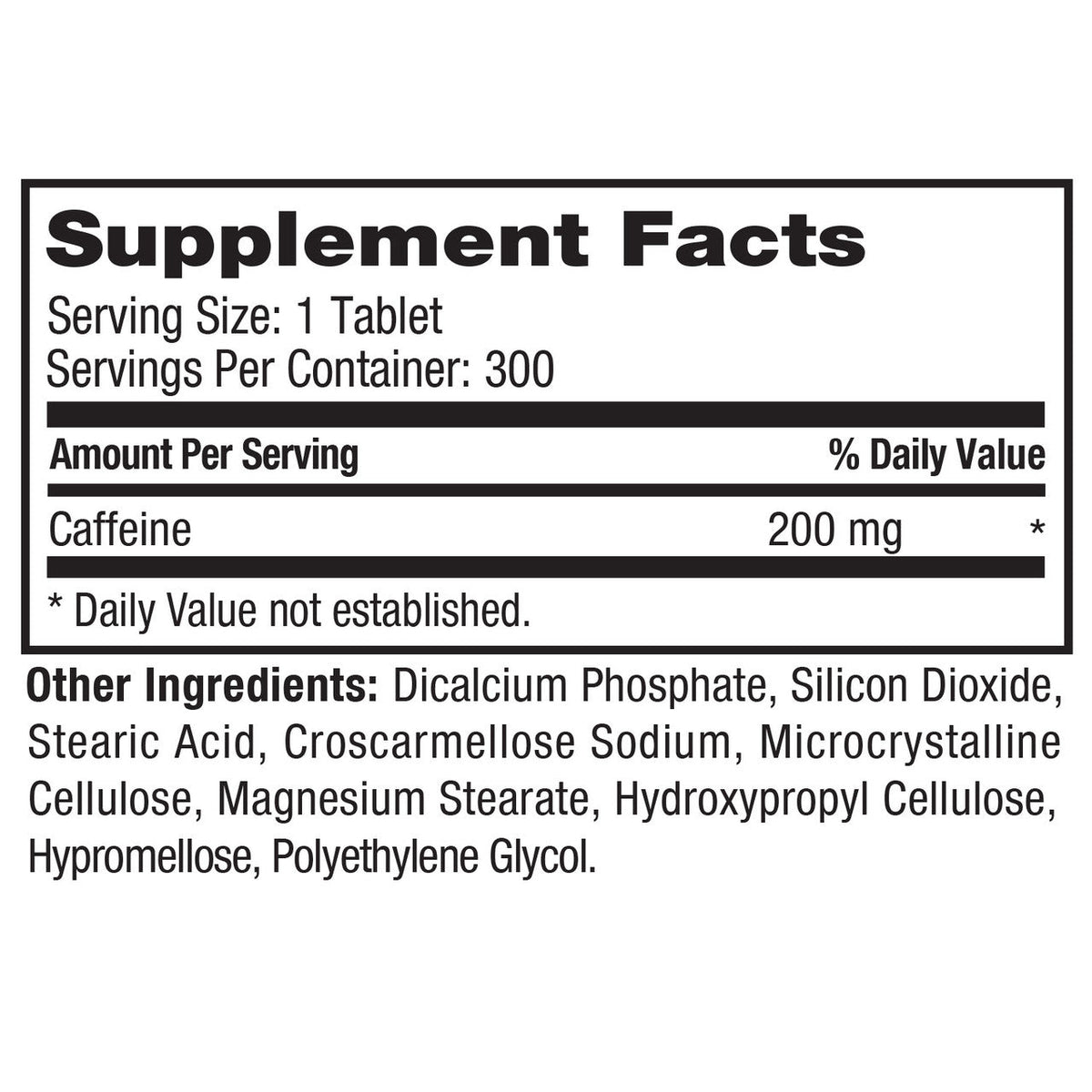 Supplement facts label with caffeine content and other ingredients on a white background
