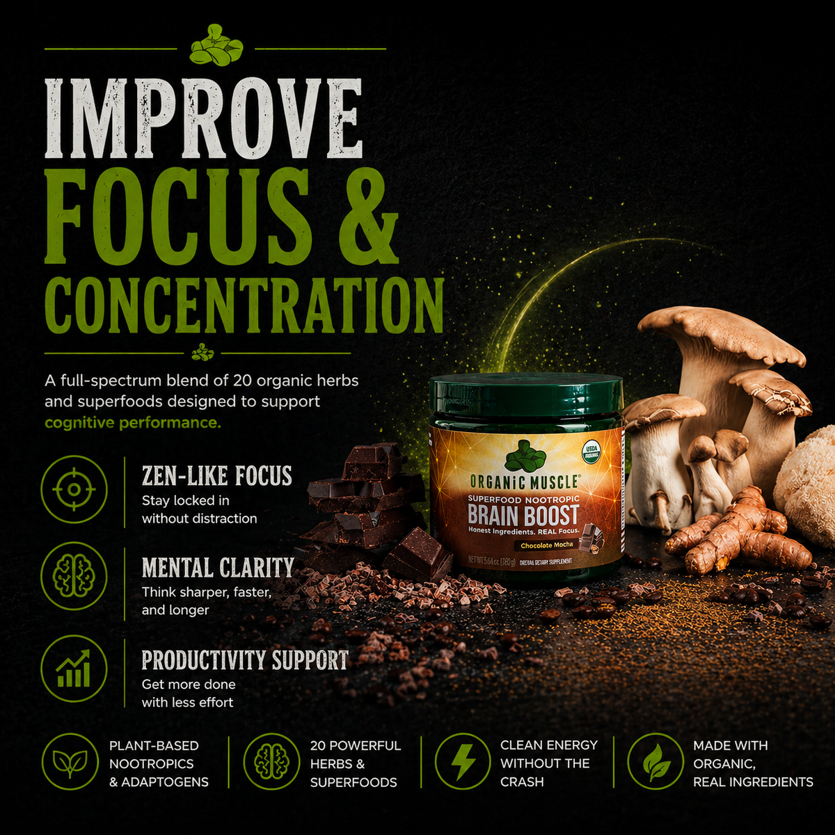 Organic Muscle Brain Boost, Chocolate Mocha, 20 Servings