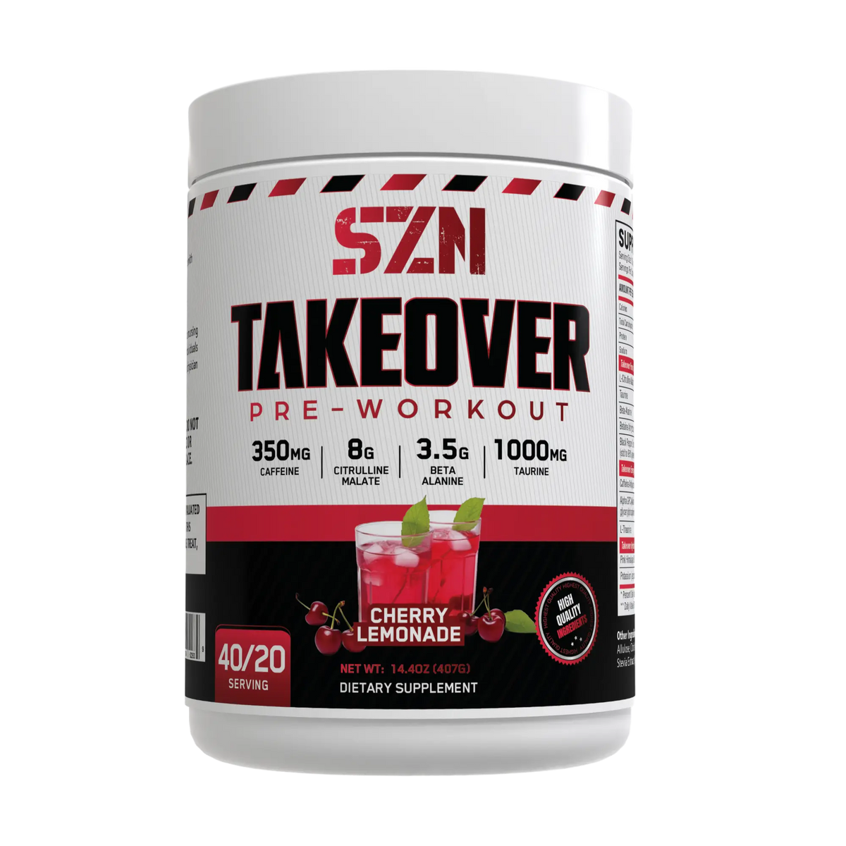 Pre-workout supplement container with 'Takeover' branding on a white background