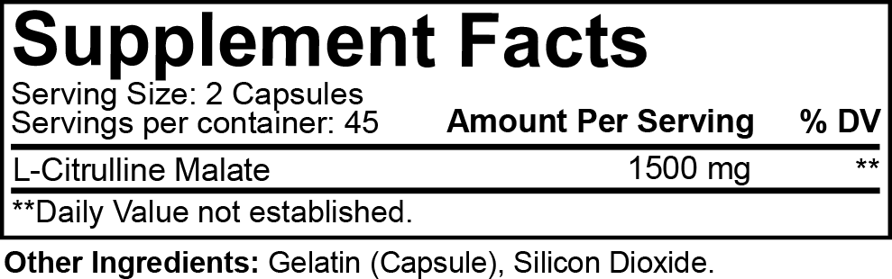 A close-up of a supplement facts label showing L-Citrulline Malate, 1500 mg, with serving size 2 capsules and 45 servings per container on a dark green background.