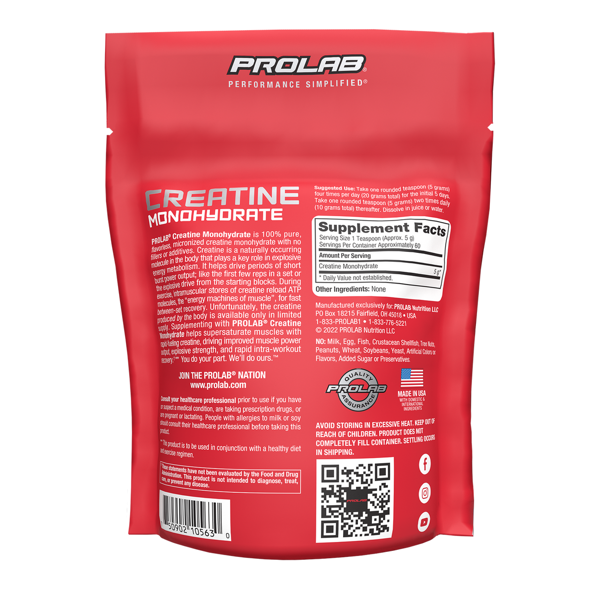 The back of a red ProLab Creatine Monohydrate supplement pouch, showing product details, supplement facts, a barcode, and a QR code on a white background.