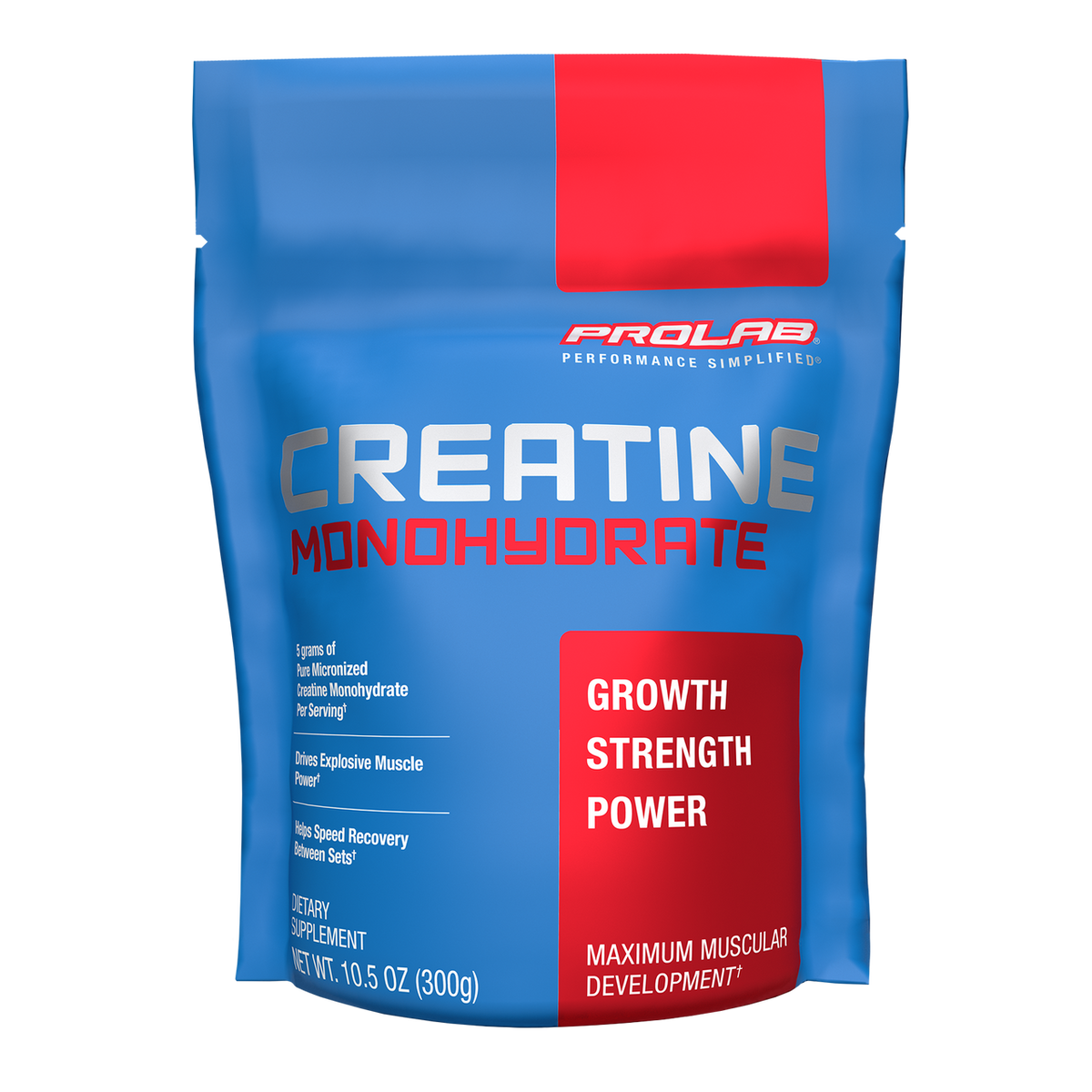 A 10.5 oz stand-up pouch of Prolab Creatine Monohydrate dietary supplement.