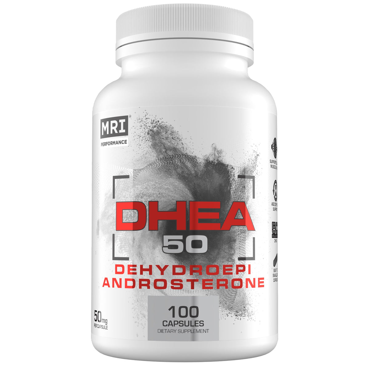 Supplement bottle labeled 'DHEA 50' with MRI logo on a white background