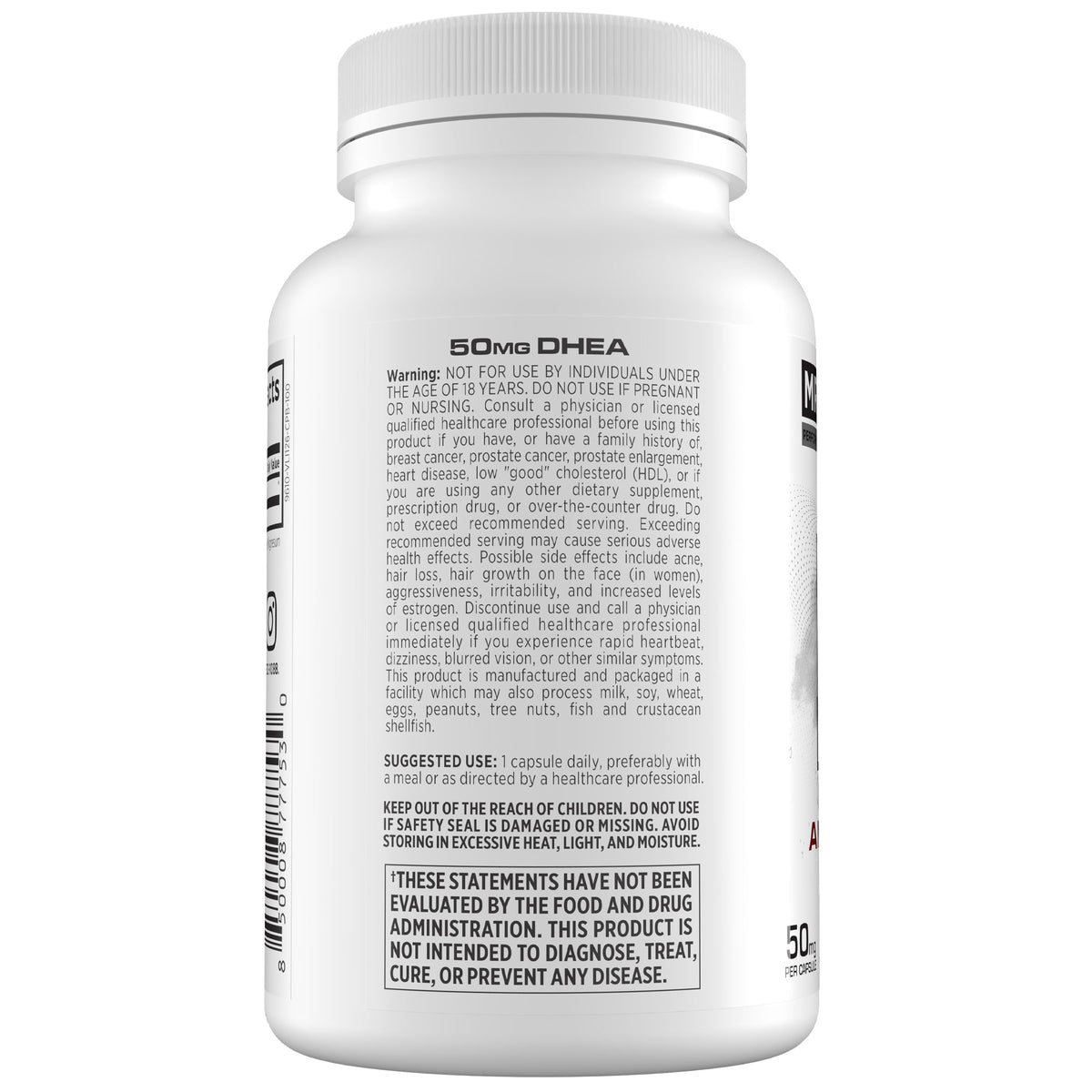 White plastic bottle of 50mg DHEA dietary supplement shown from the back, featuring black text and a ribbed white cap on a plain white background.