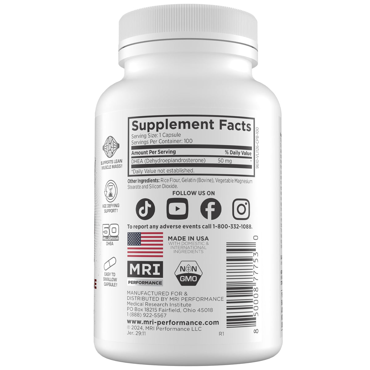 The back of a white plastic supplement bottle, showing the Supplement Facts panel, ingredients, manufacturer details for MRI Performance, and a barcode on a plain white background.
