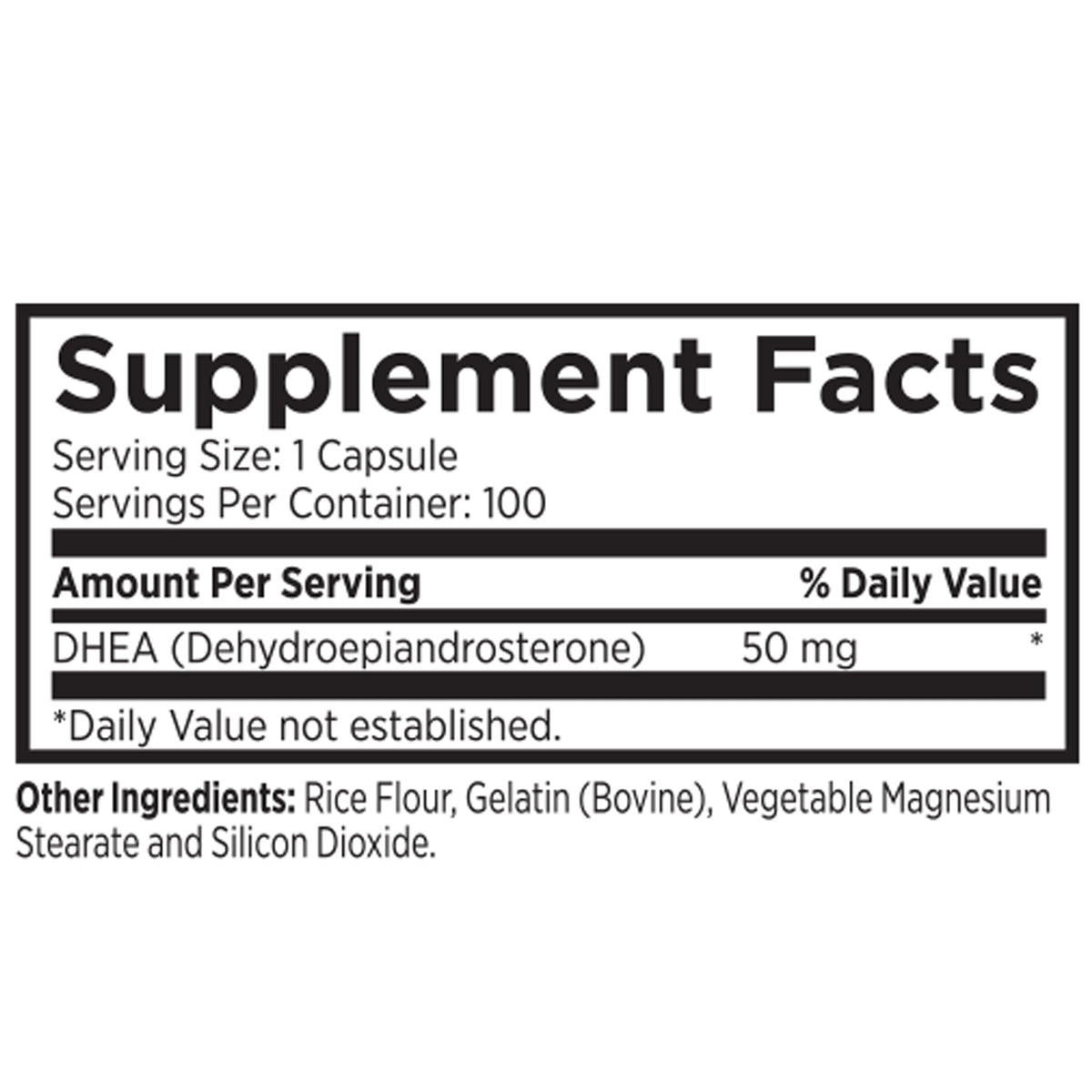 A supplement facts label showing DHEA (Dehydroepiandrosterone) 50 mg, with other ingredients listed below on a white background.