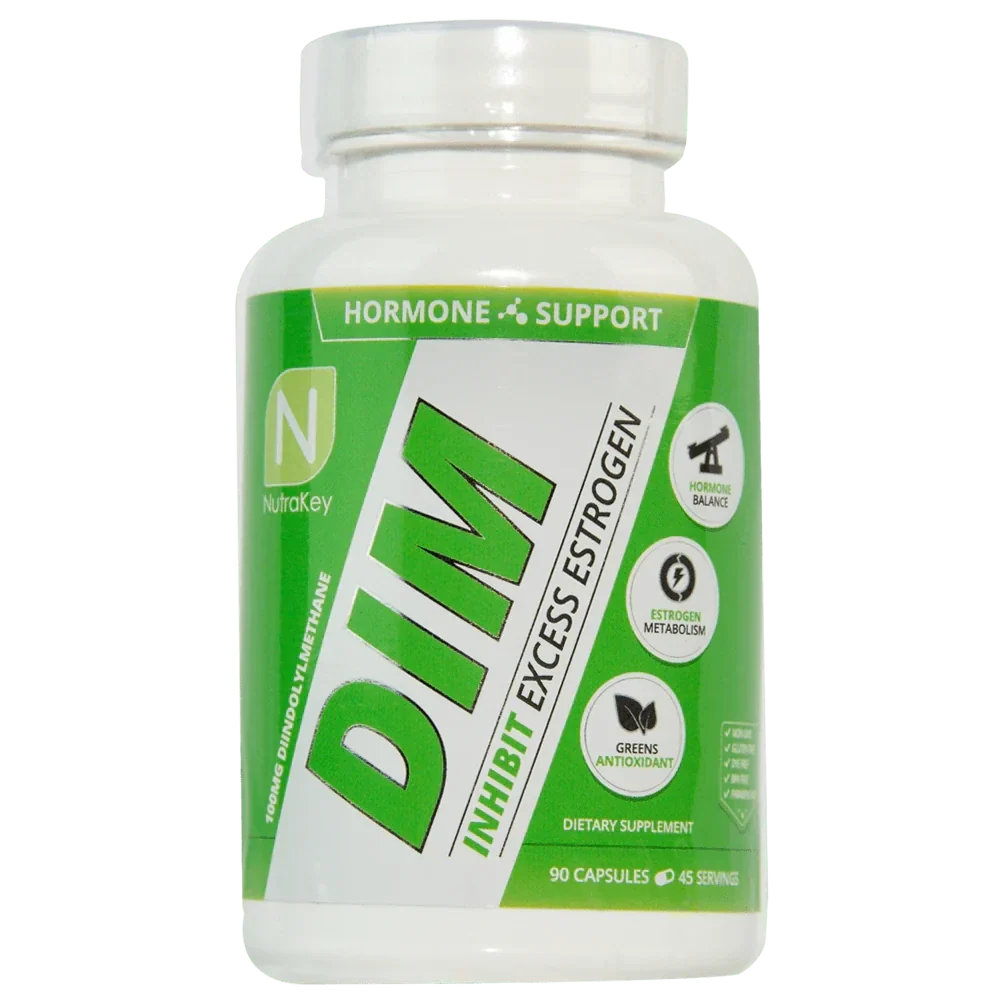 A white plastic bottle of NutraKey DIM Hormone Support dietary supplement with a green and white label, containing 90 capsules.