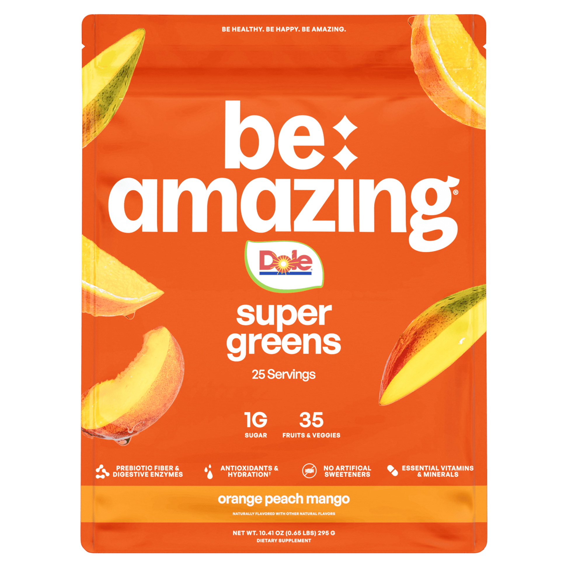 Dole super greens package with orange peach mango flavor on an orange background