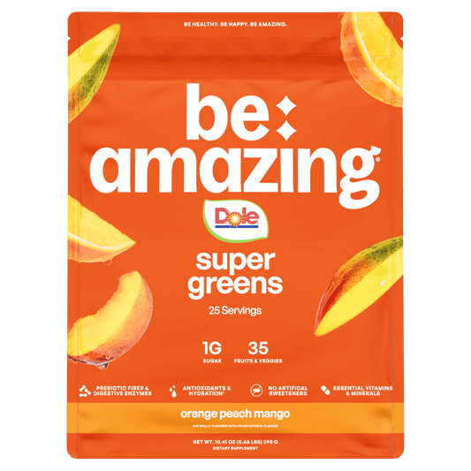 Dole super greens package with orange peach mango flavor on an orange background
