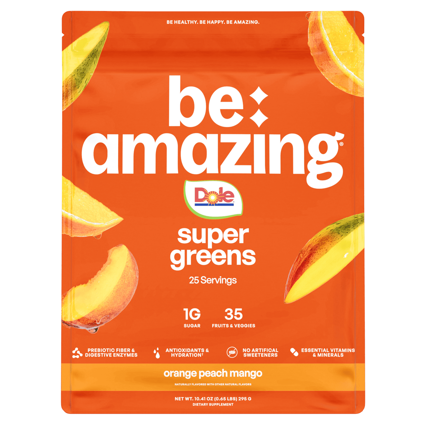 Dole super greens package with orange peach mango flavor on an orange background