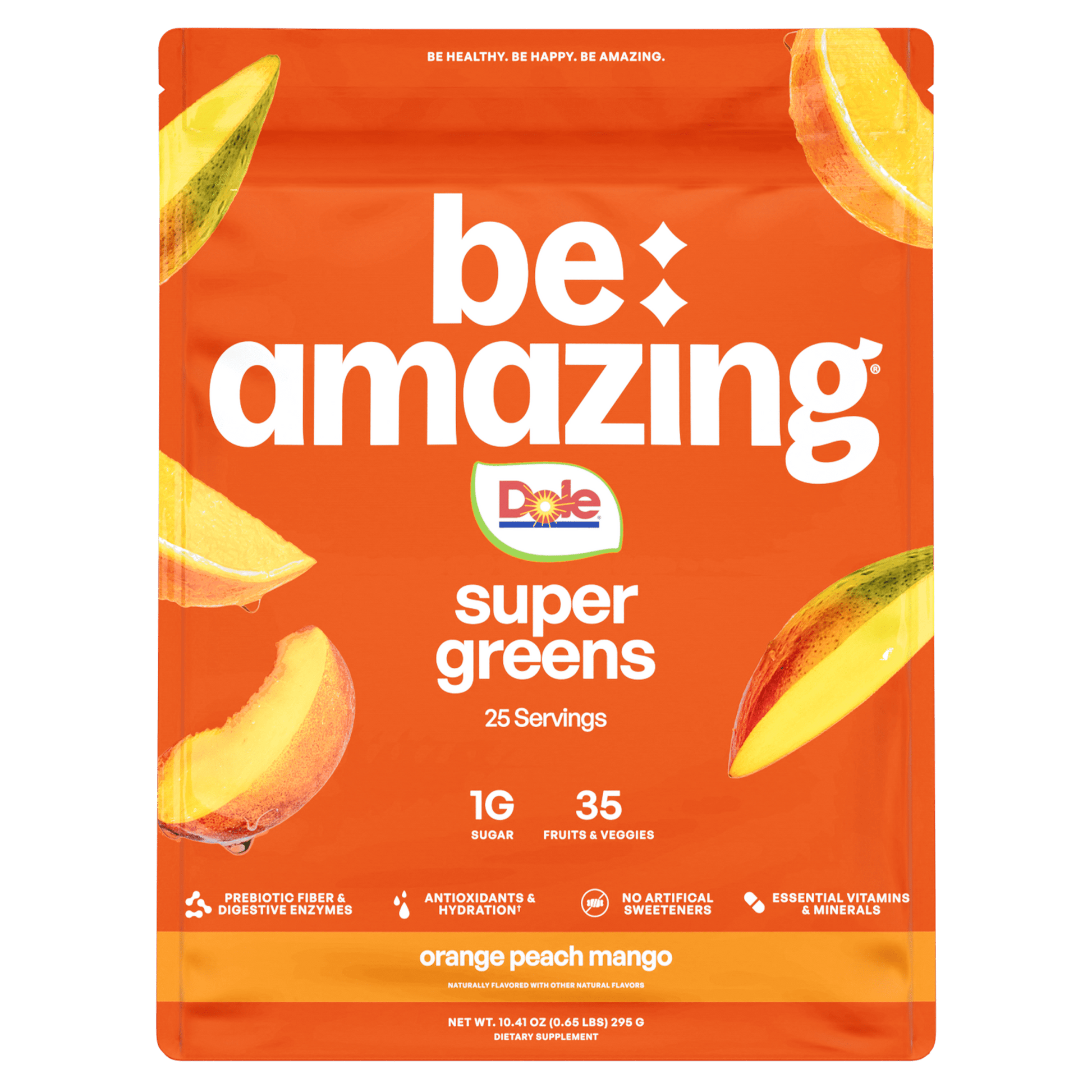 Dole super greens package with orange peach mango flavor on an orange background