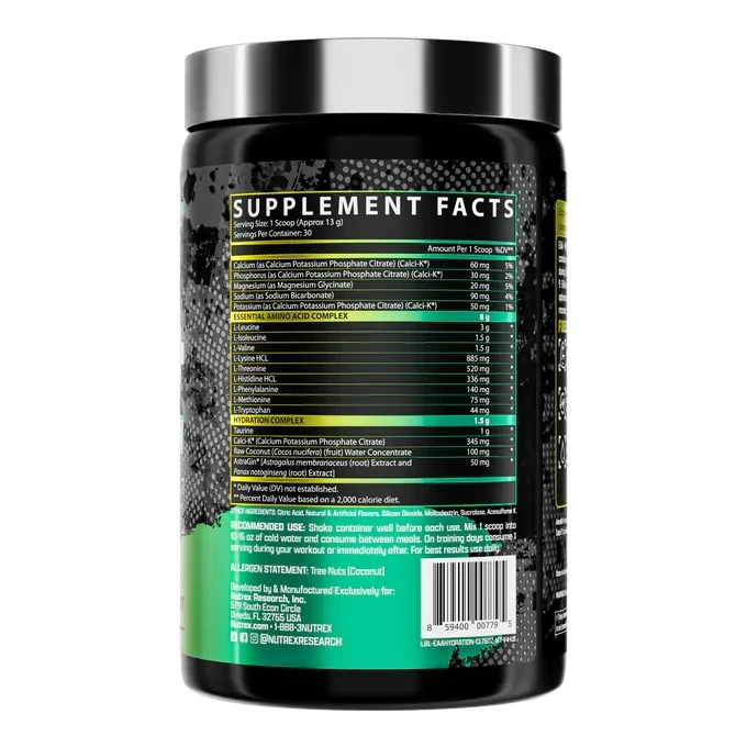 A black supplement tub with a silver lid, showing the back label with supplement facts, on a plain white background.
