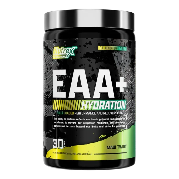 A tub of Nutrex Sports EAA+ Hydration performance supplement powder in Maui Twist flavor, featuring a black container with a silver lid and a black label with white and green text.