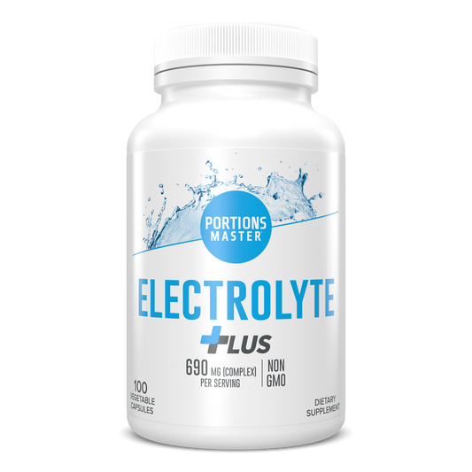 White supplement bottle labeled 'Portions Master Electrolyte Plus' on a white background