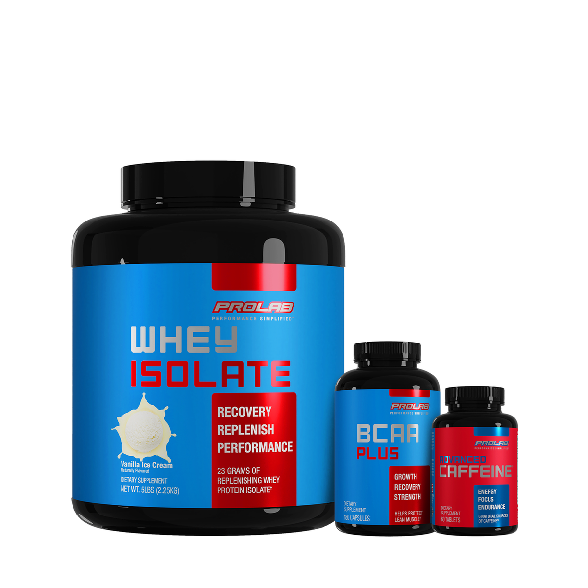 A group of ProLab sports nutrition products on a plain white background: a large black tub of Whey Isolate, a smaller black bottle of BCAA Plus, and a smaller black bottle of Caffeine.