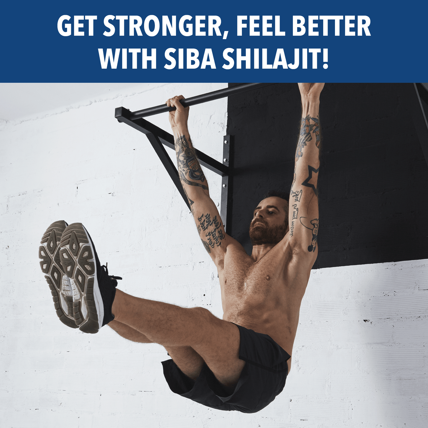 Man doing pull-ups on a white wall with promotional text for Siba Shilajit.