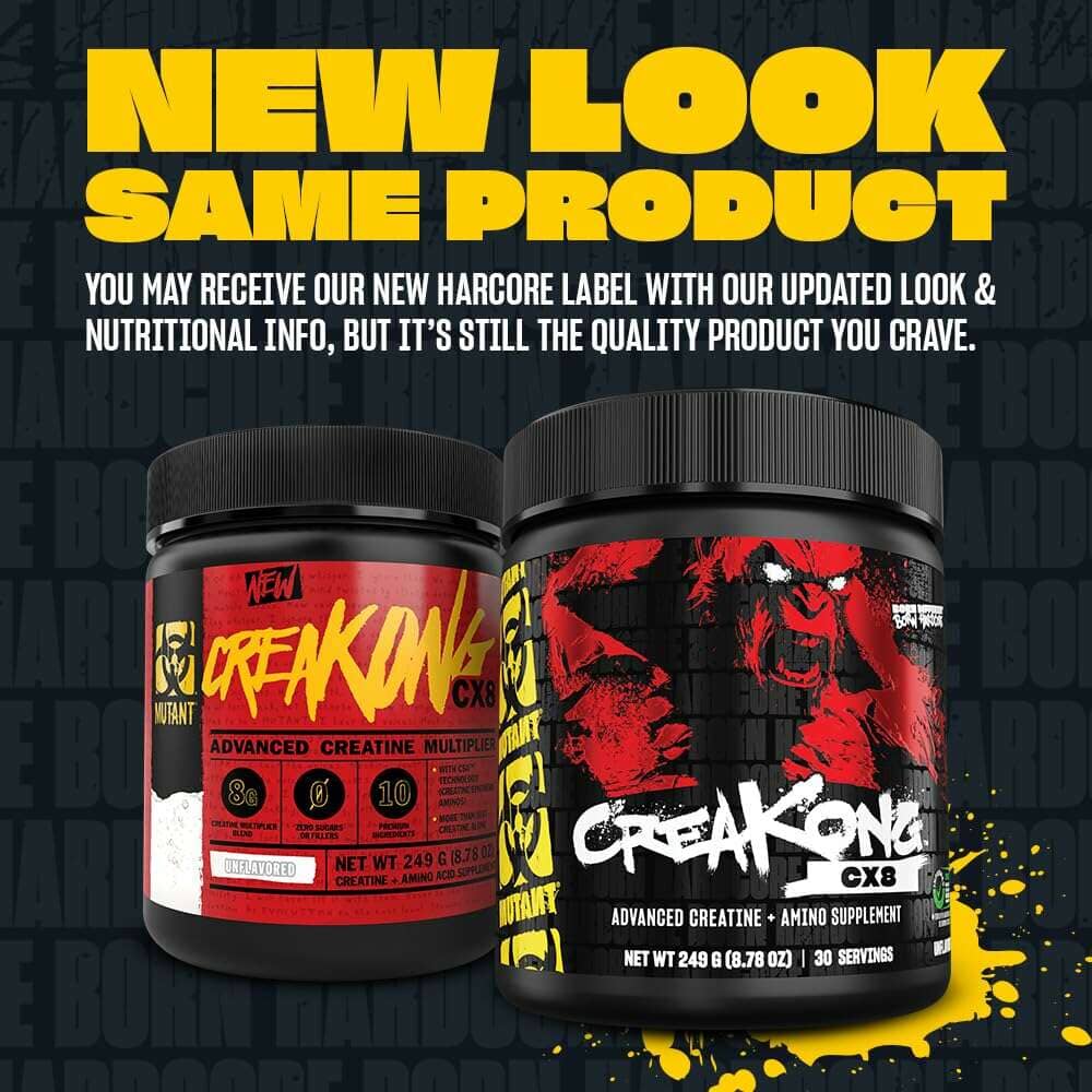 Two black supplement tubs labeled Creakong CX3 shown on a dark promotional background with large yellow text reading 'NEW LOOK SAME PRODUCT' and white descriptive copy above.