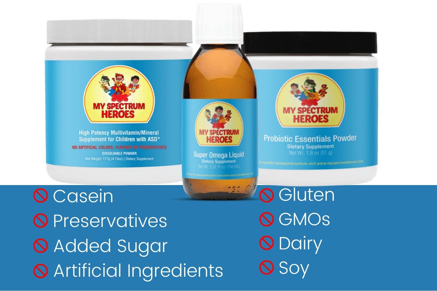 Supplement products with 'My Spectrum Heroes' branding on a white background