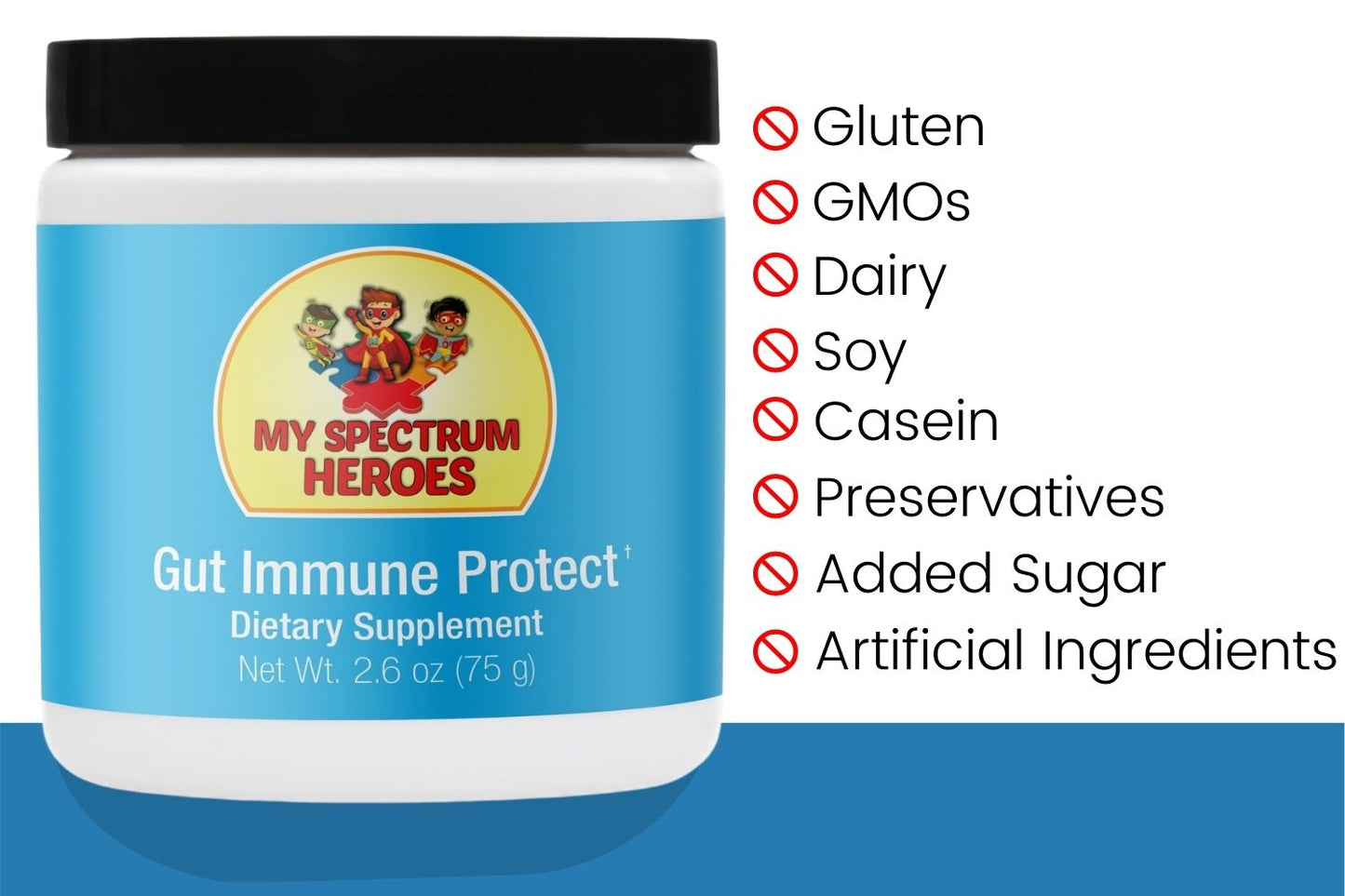 Dietary supplement jar labeled 'My Spectrum Heroes' with health benefits listed on a white background.