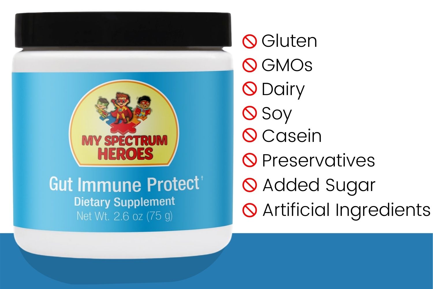 Dietary supplement jar labeled 'My Spectrum Heroes' with health benefits listed on a white background.