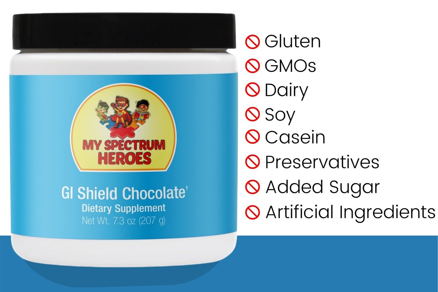 Dietary supplement container with 'My Spectrum Heroes' branding and allergen-free label.