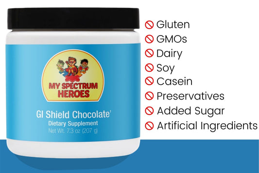 Dietary supplement container with 'My Spectrum Heroes' branding and allergen-free label.