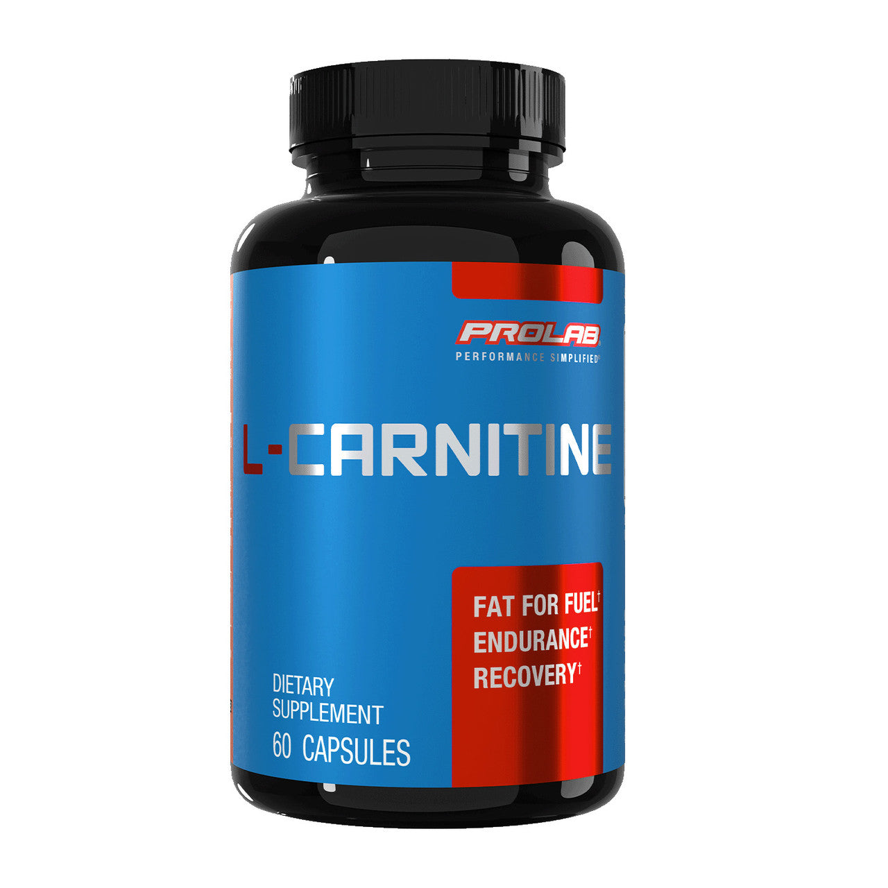 A black bottle of ProLabs L-Carnitine dietary supplement with a blue and red label, shown on a plain white background.