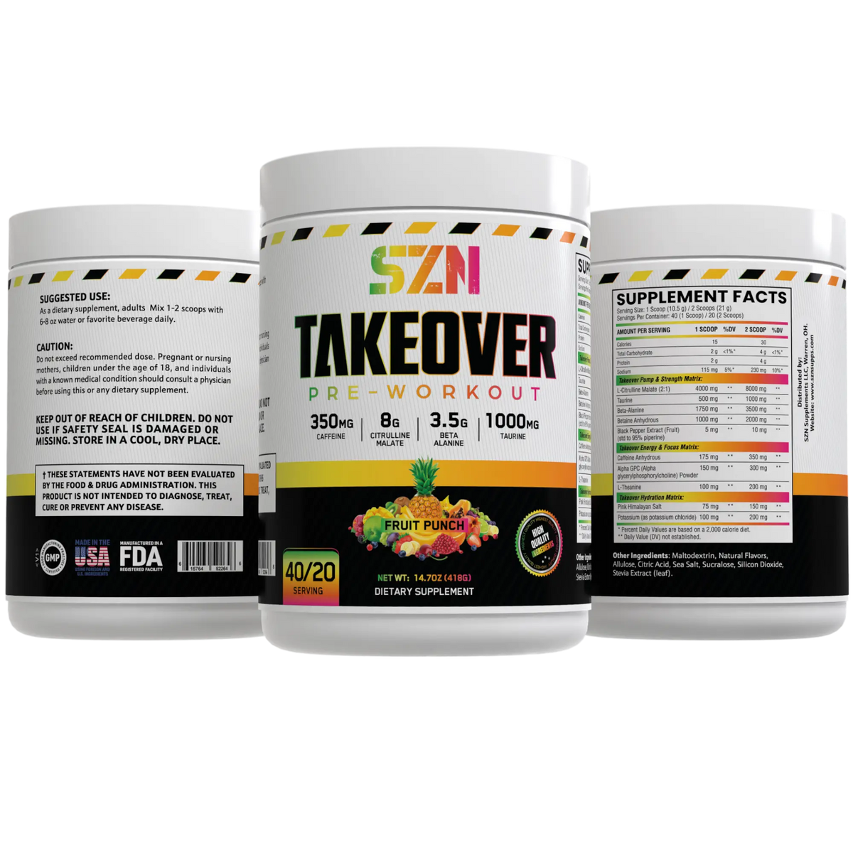 SZN Takeover pre-workout supplement container with colorful label on a white background