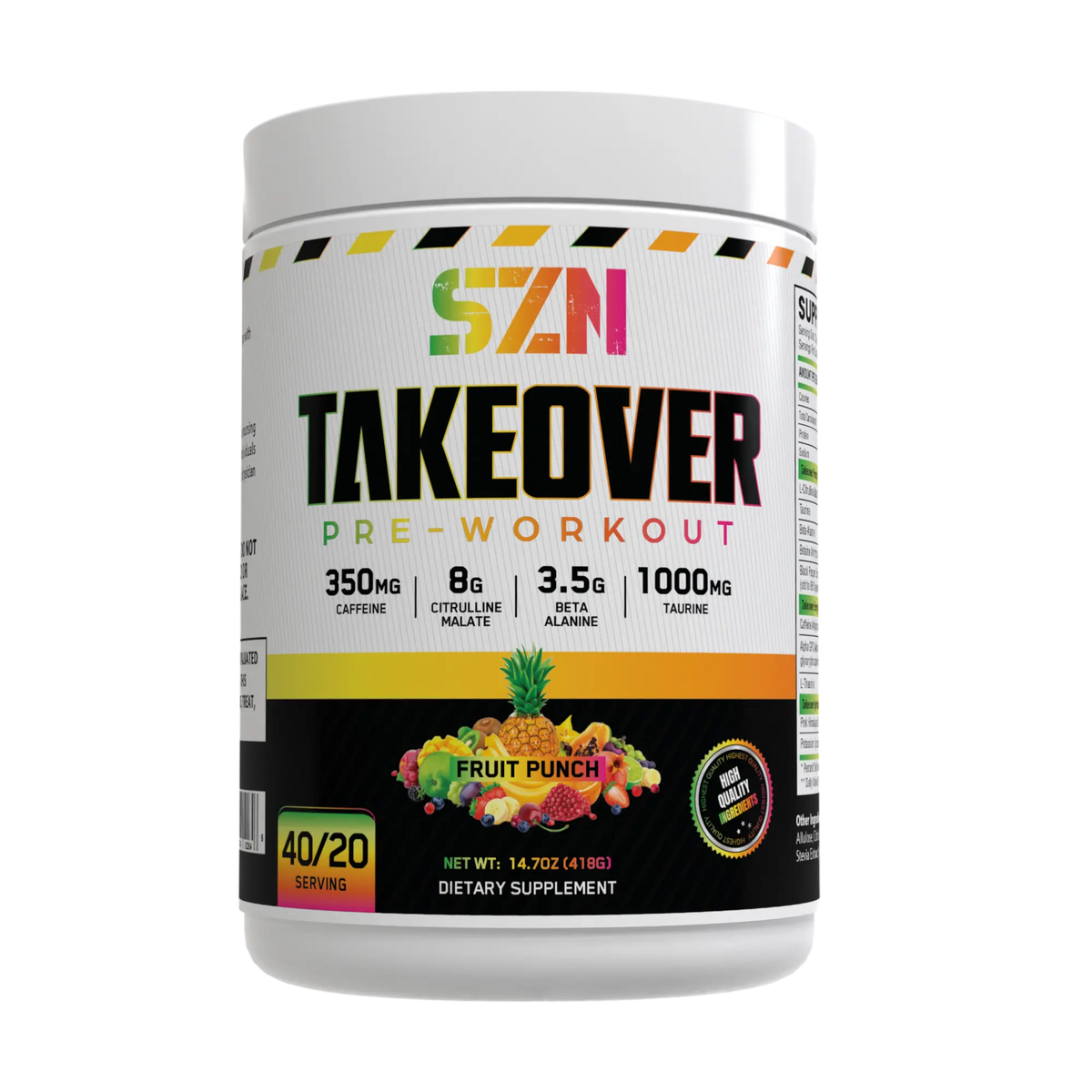 SZN Takeover pre-workout supplement container with colorful label on a white background