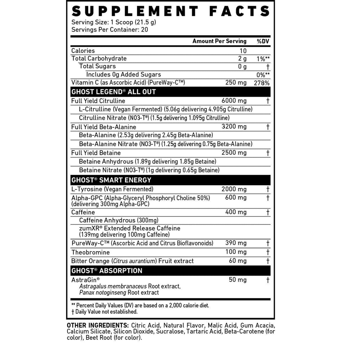 Supplement facts label for a product with various ingredients and their amounts per serving.