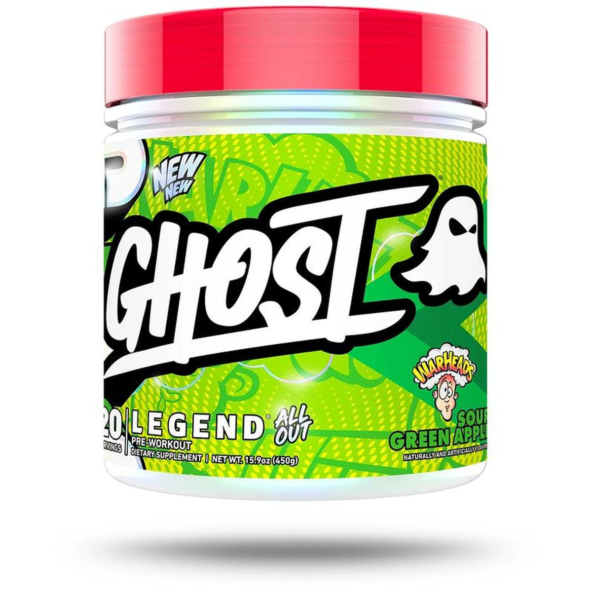 Ghost Legend All Out pre-workout supplement container with green and red design