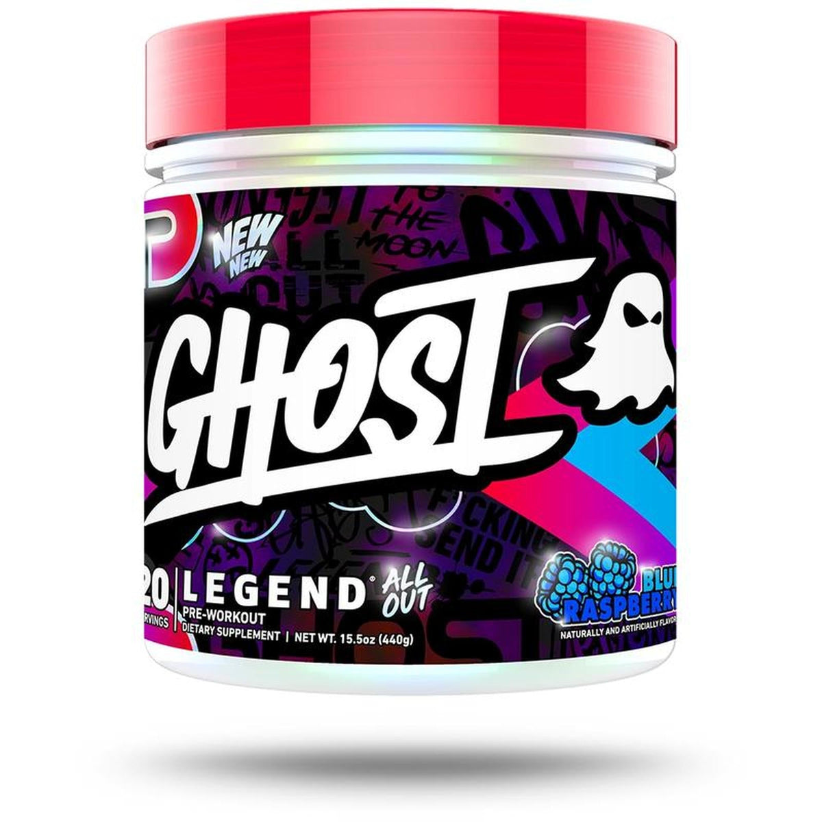 Ghost Legend All Out pre-workout supplement container with colorful label on a white background