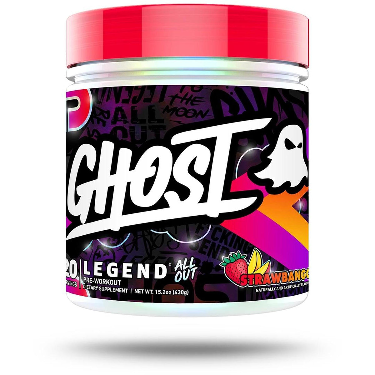 Ghost Legend All Out supplement container with colorful label on a white background