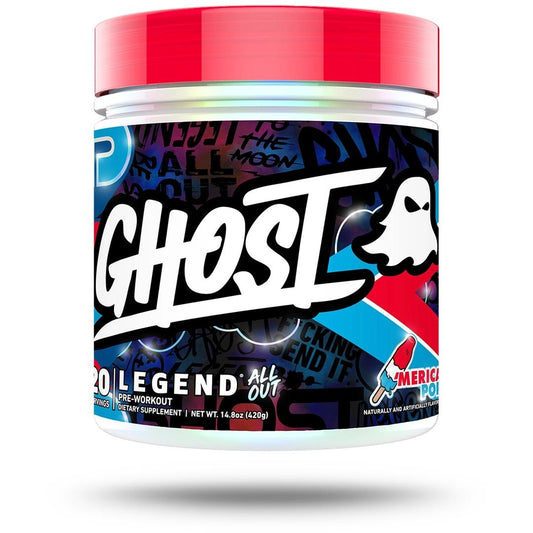 Ghost Legend All Out pre-workout supplement container with colorful label