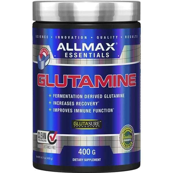 A 400g container of Allmax Essentials Glutamine dietary supplement. The product is in a black plastic tub with a metallic silver lid and a blue label featuring red and white text.