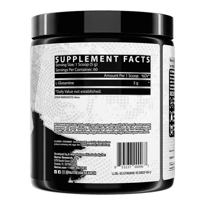 A black plastic tub of NutriSense Glutamine 65 supplement powder, showing the back label with Supplement Facts, a barcode, and product details on a white background.