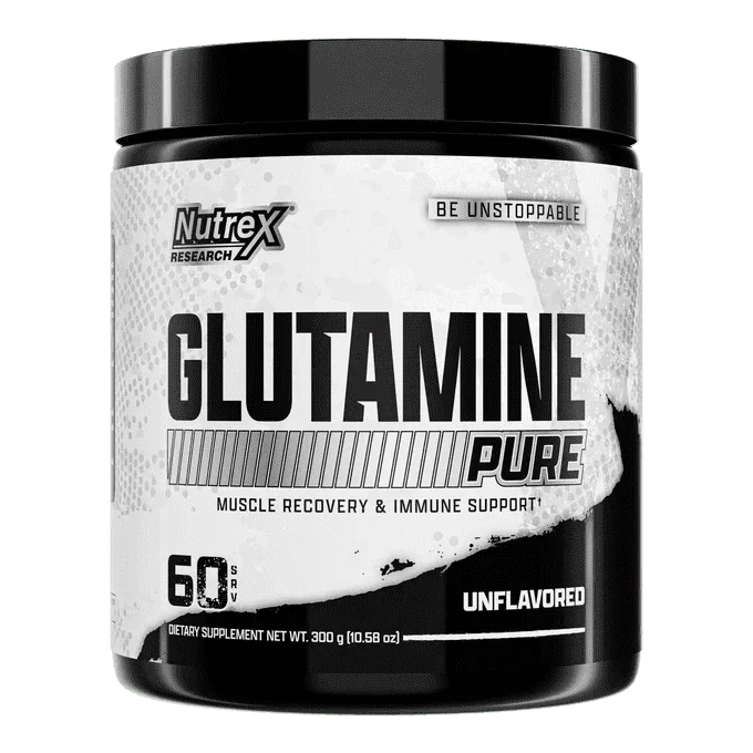 A black plastic tub of NutreX Research Glutamine Pure unflavored dietary supplement, featuring a white and black label with bold text.