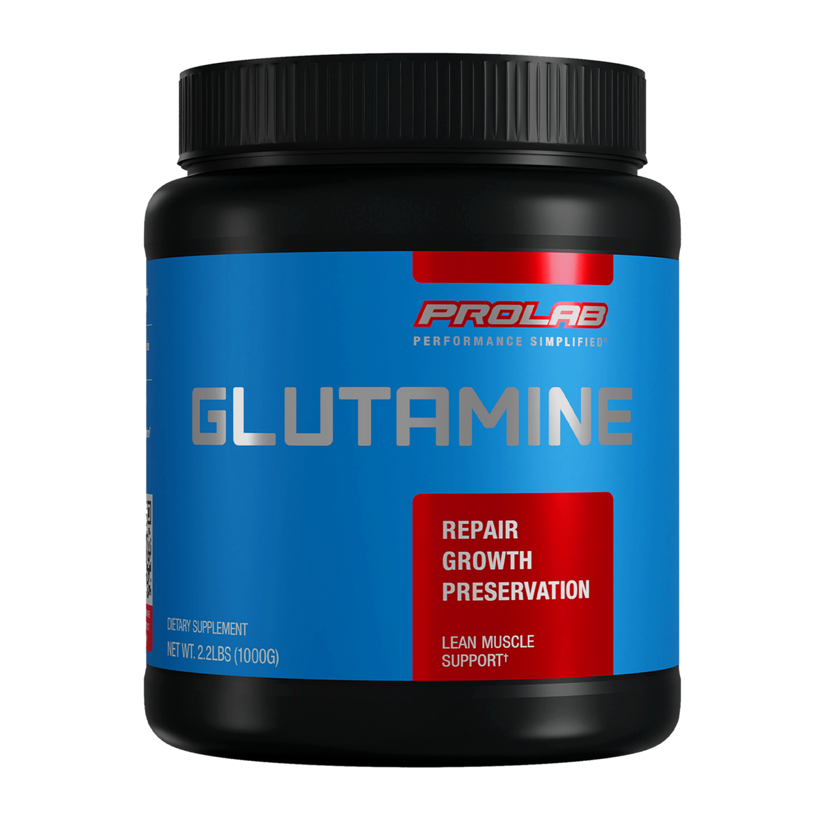 A black plastic tub of Prolab Glutamine dietary supplement with a bright blue and red label, shown on a plain white background.