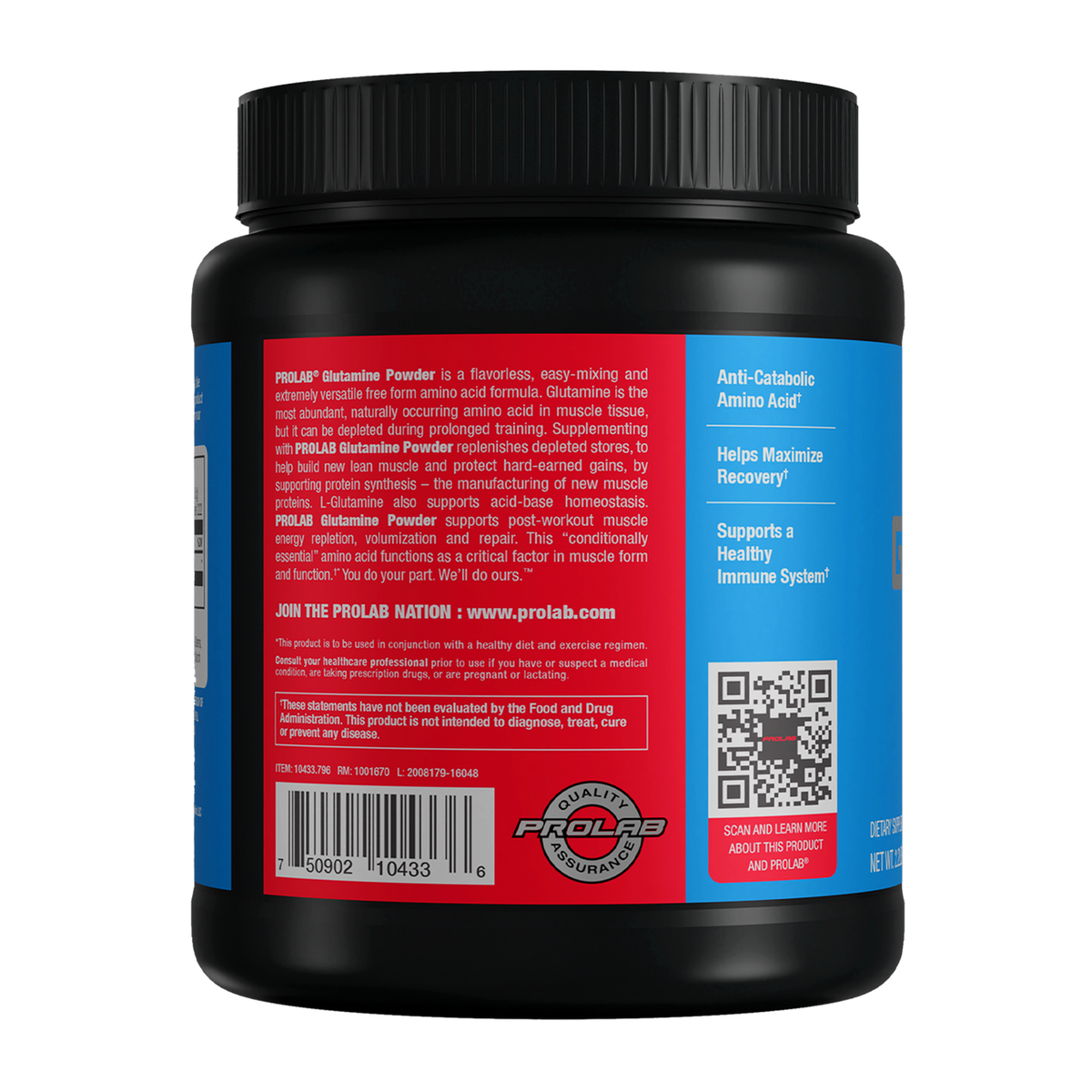 A black plastic bottle of Prolab Glutamine Powder shown from the back, featuring a black ribbed cap, a red and white back label, and a blue side panel with text and a QR code.