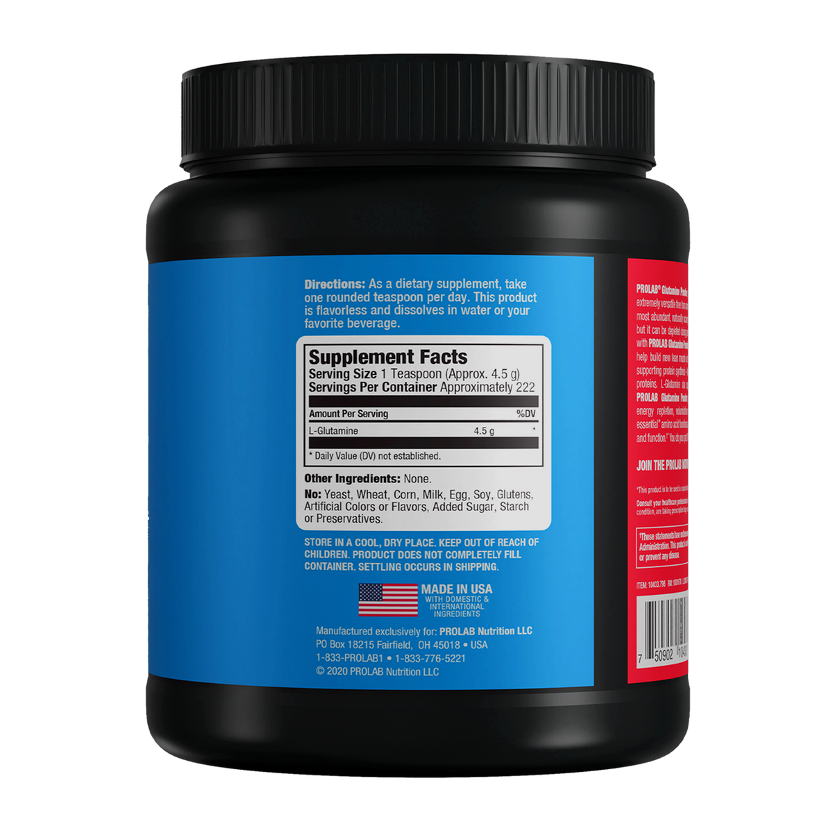 A black plastic tub of PRO/LAB Nutrition protein powder shown from the back, featuring a blue label with Supplement Facts, a red side panel, and a black ribbed cap on a white background.