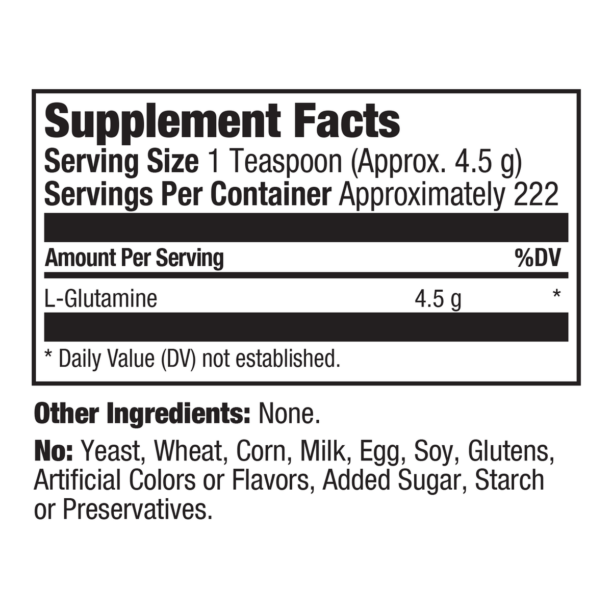 A black and white Supplement Facts label showing L-Glutamine content of 4.5 g per serving, with a list of excluded other ingredients including gluten, milk, and egg.