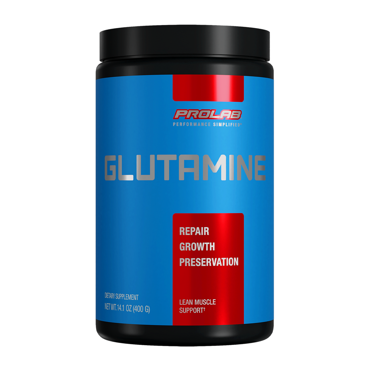 A black plastic tub of Prolab Glutamine dietary supplement with a bright blue label and red accents, shown on a plain white background.