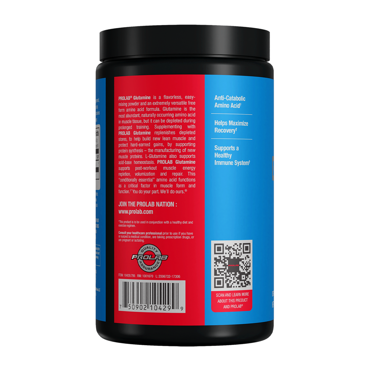 A black plastic tub of POLiA Labs Glucamine supplement powder, shown from the back with a red and blue label on a white background.