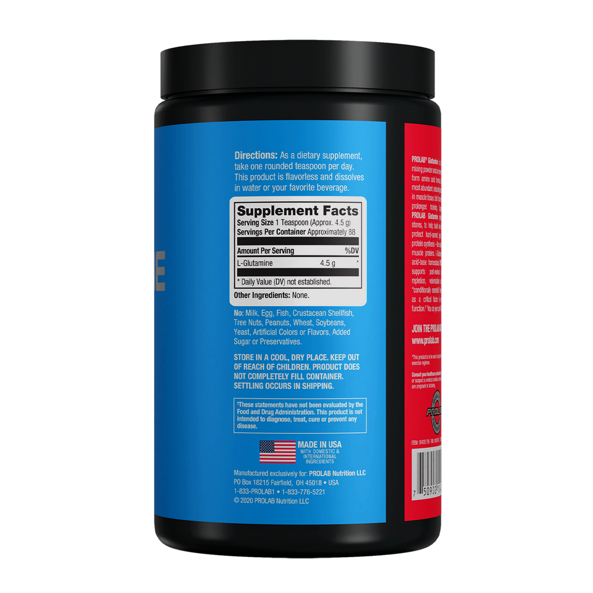 A black plastic supplement tub with a blue and red label, showing the back and side panels with Supplement Facts and directions, on a white background.