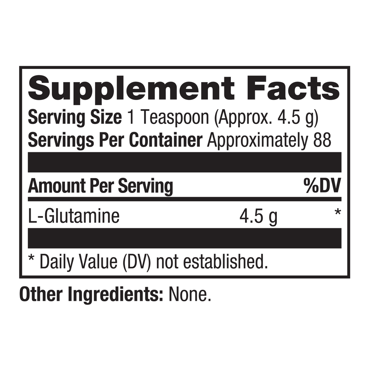 A Supplement Facts label showing L-Glutamine with 4.5 g per serving, on a white background.