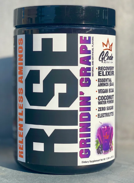 Supplement container labeled 'Grindin' Grape' with GCode Nutrition branding on a gray background