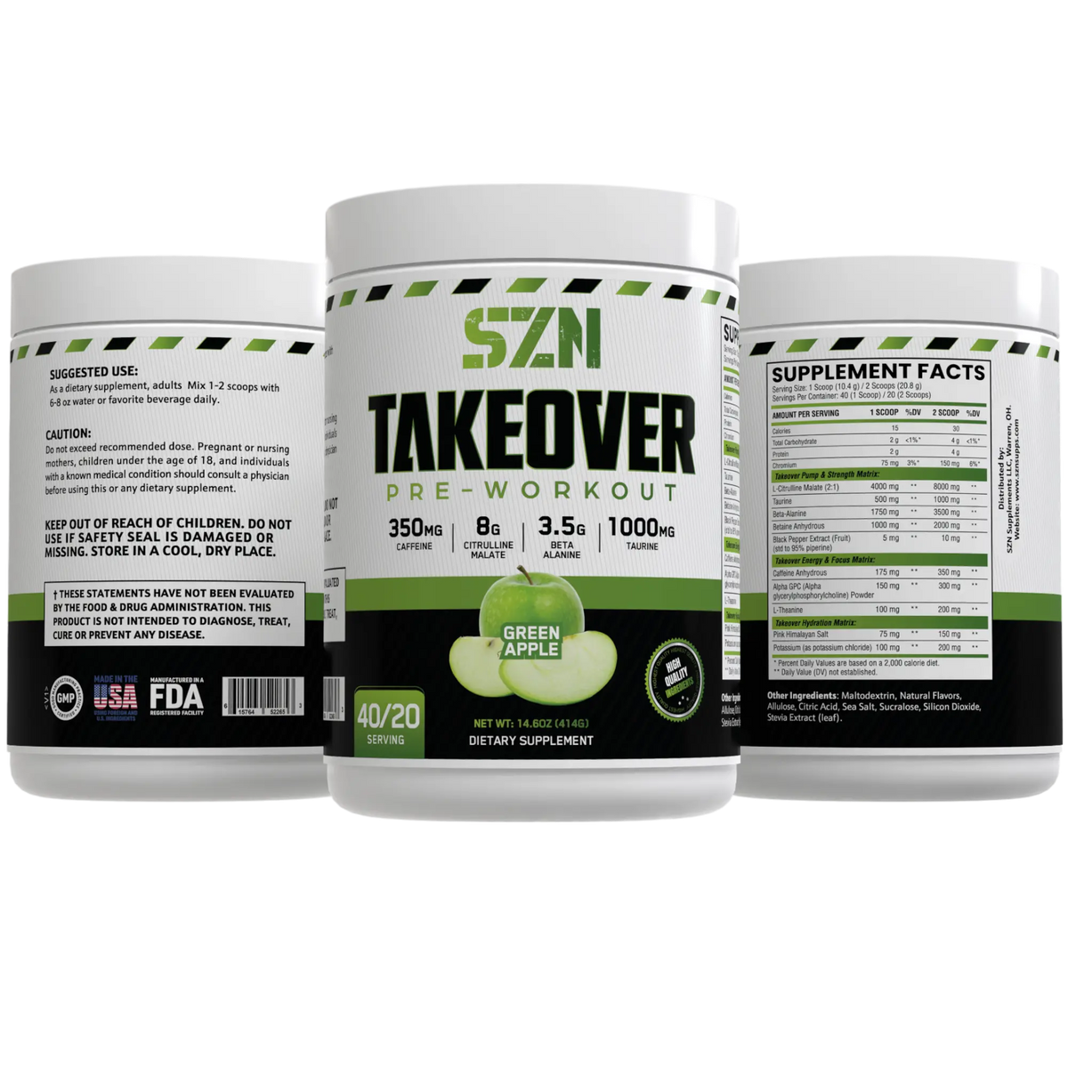 Pre-workout supplement container labeled 'Takeover' with green apple flavor on a white background.
