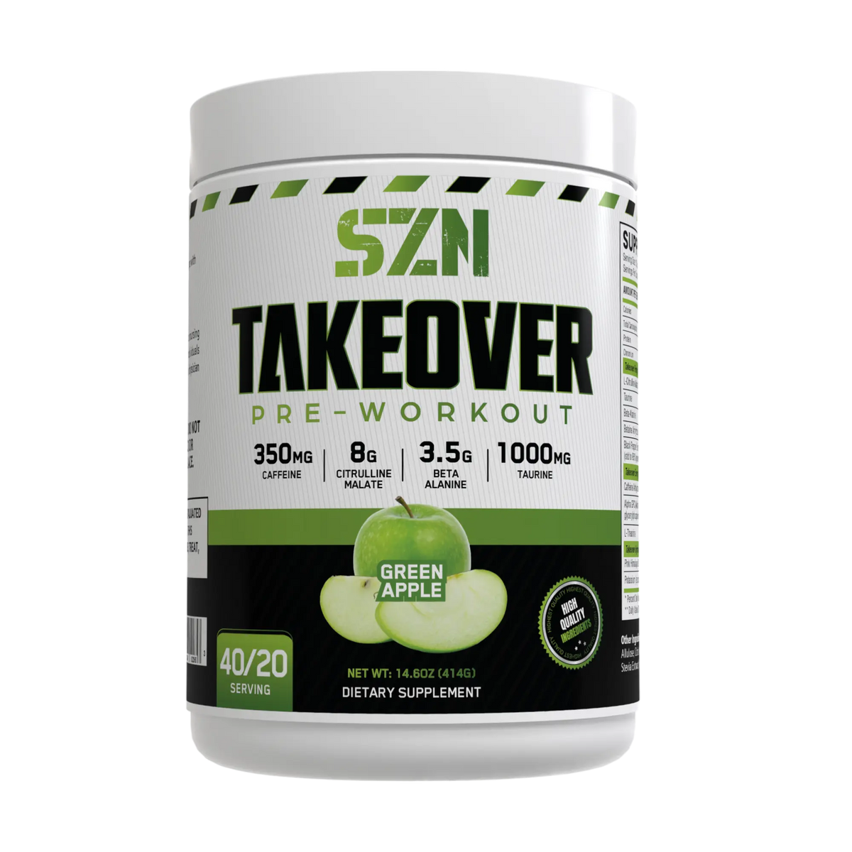 Pre-workout supplement container with 'Takeover' branding on a white background
