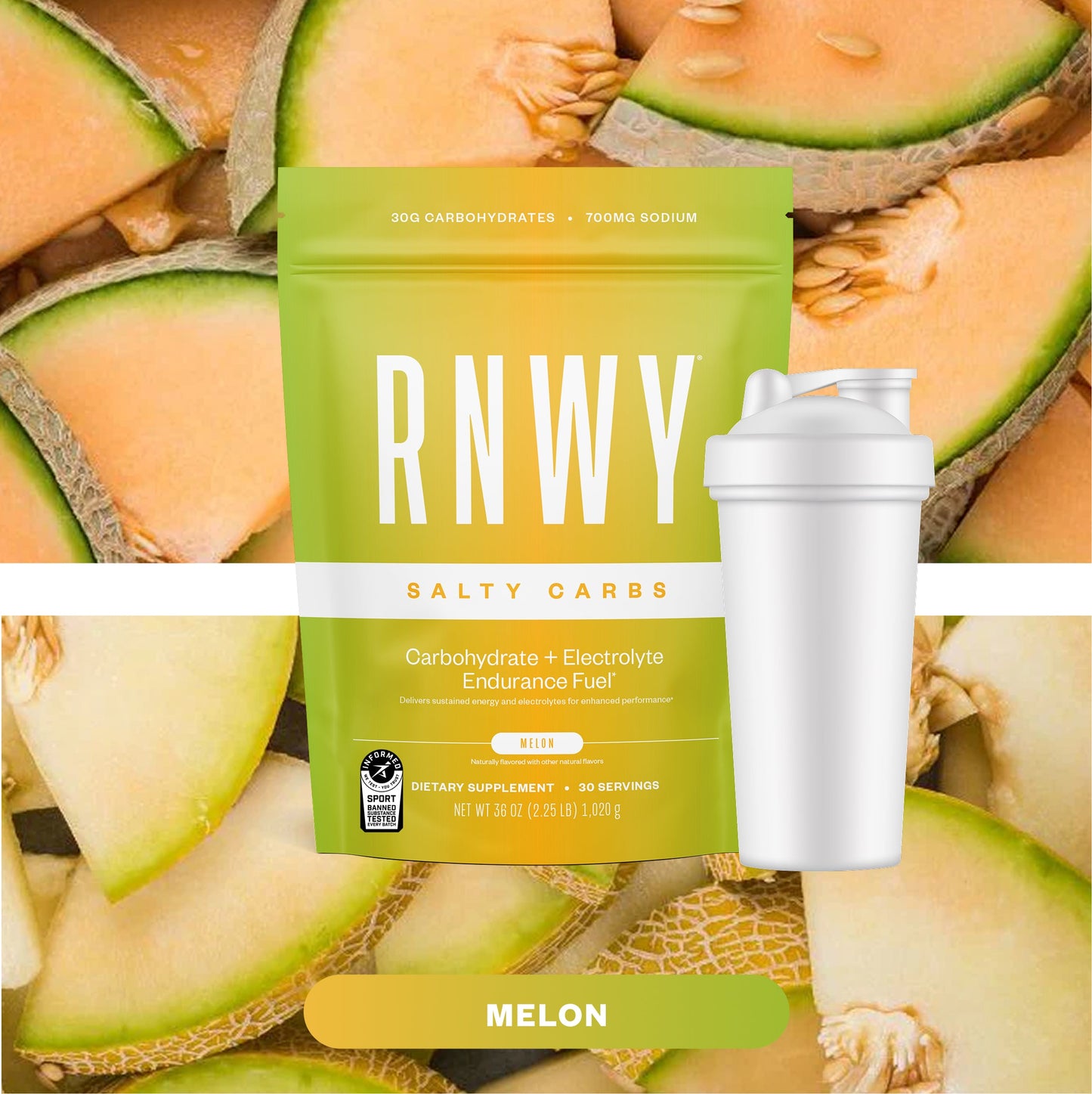 RNWY Salty Carbs package with a melon flavor on a background of sliced melons.